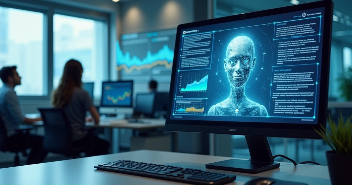 Tela de computador com interface de chat automatizado e gráficos de dados ao fundo 