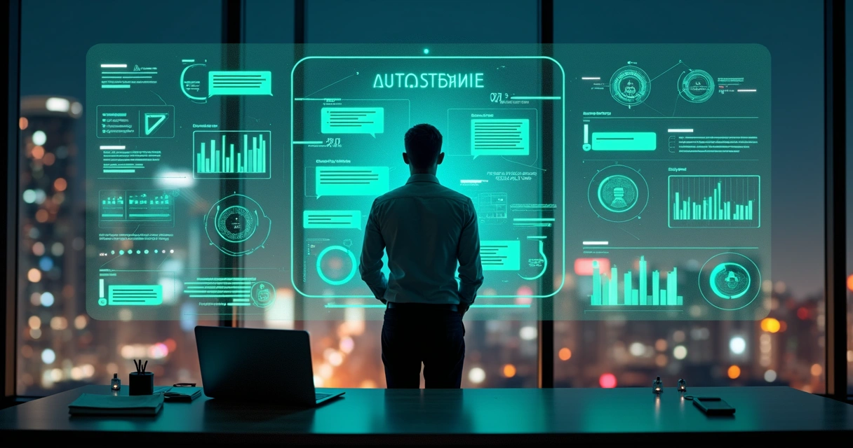 Profissional controlando automação de grupos de WhatsApp em painel holográfico 