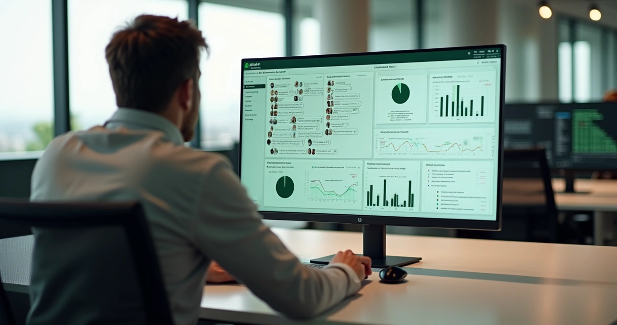 Administrador analisando painel de automação de grupo WhatsApp em tela ampla 