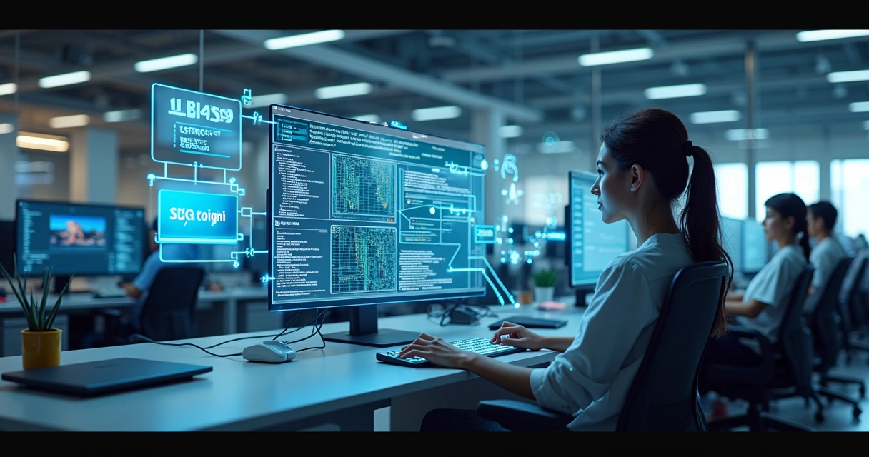 Fluxo de automações em help desk com ilustrações de robôs e computadores 