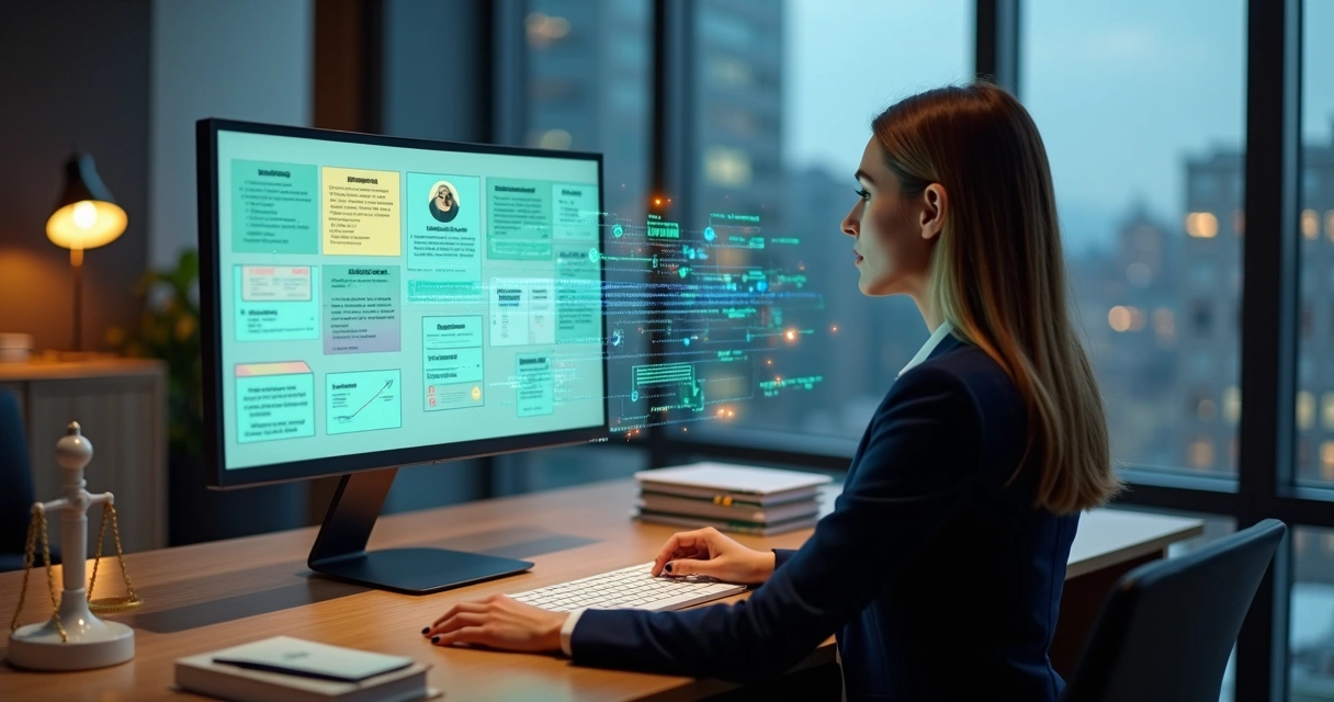 Advogada em escritório moderno usando inteligência artificial para organizar atendimentos jurídicos 