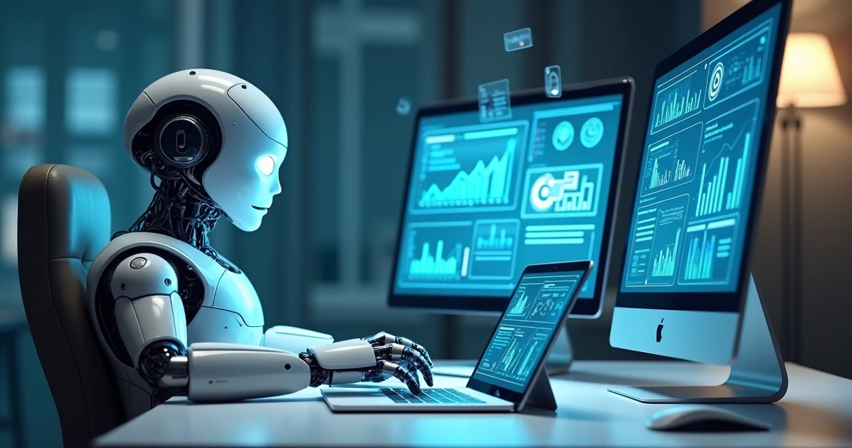 Robô criando mensagens de vendas personalizadas em múltiplos dispositivos 