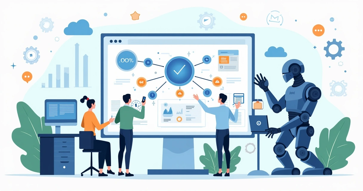 Ilustração corporativa plana mostrando fluxo de automação com inteligência artificial em CRM, com ícones de tecnologia, equipe de vendas e gráficos de performance