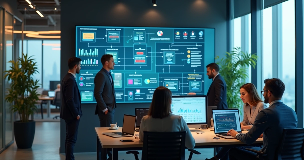 Equipe em escritório observando painel digital com fluxos de automação e IA 