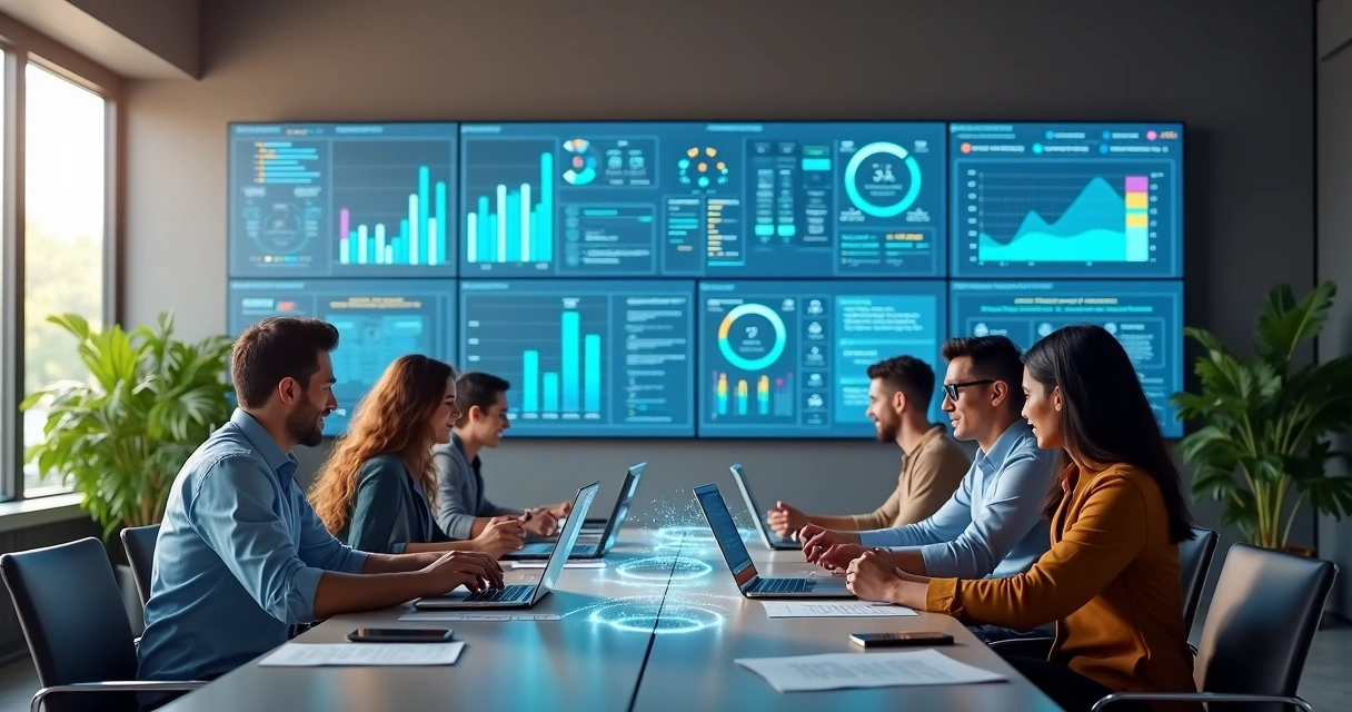 Equipe de escritório usando automação e inteligência artificial para otimizar processos e gestão de tarefas 