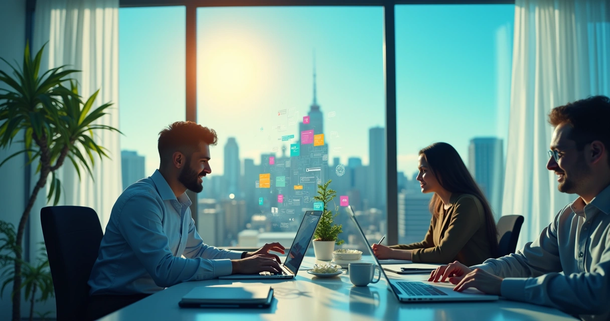 Representação da automação de IA em escritório moderno, humano interagindo com chatbot, gráficos ao fundo.