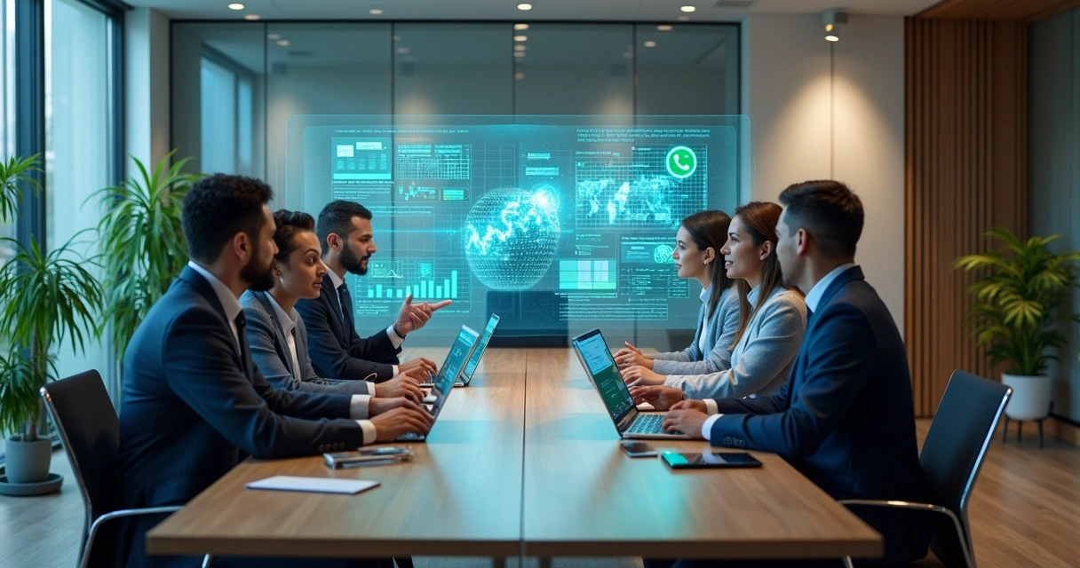 Profissionais de negócios analisando gráficos digitais de automação com inteligência artificial em computadores e tablets na mesa de reunião moderna 