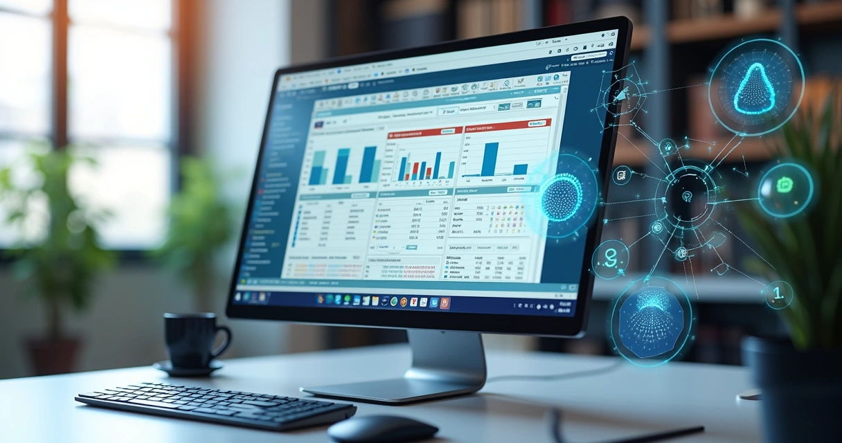 Tela de computador exibindo planilha do Excel com gráficos gerados automaticamente e painéis de inteligência artificial ao redor 