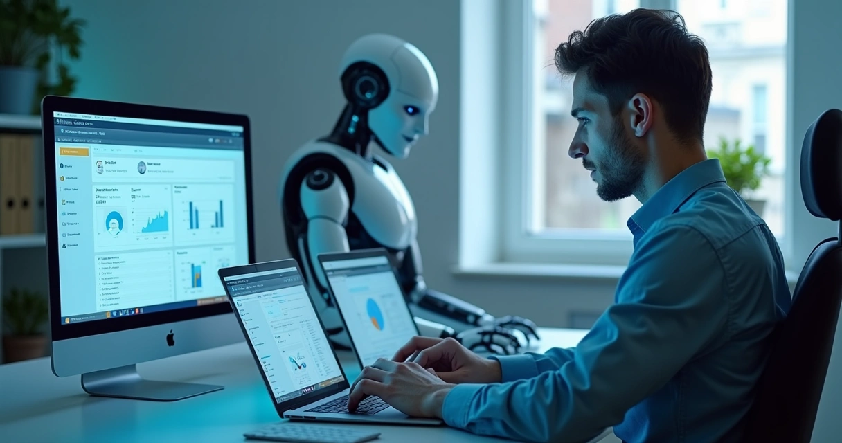 Robô digitando em laptop ao lado de vendedor humano em mesa moderna 