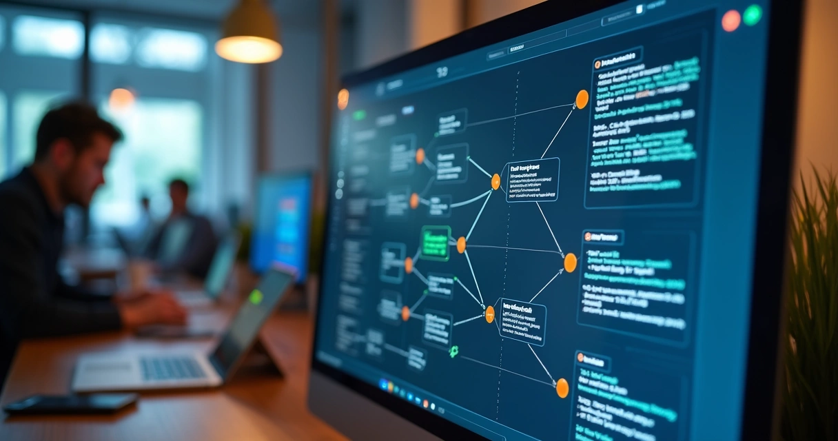 Tela de computador mostrando fluxo de automação com IA integrada a sistemas via MCP, com gráficos e conexões API destacadas 