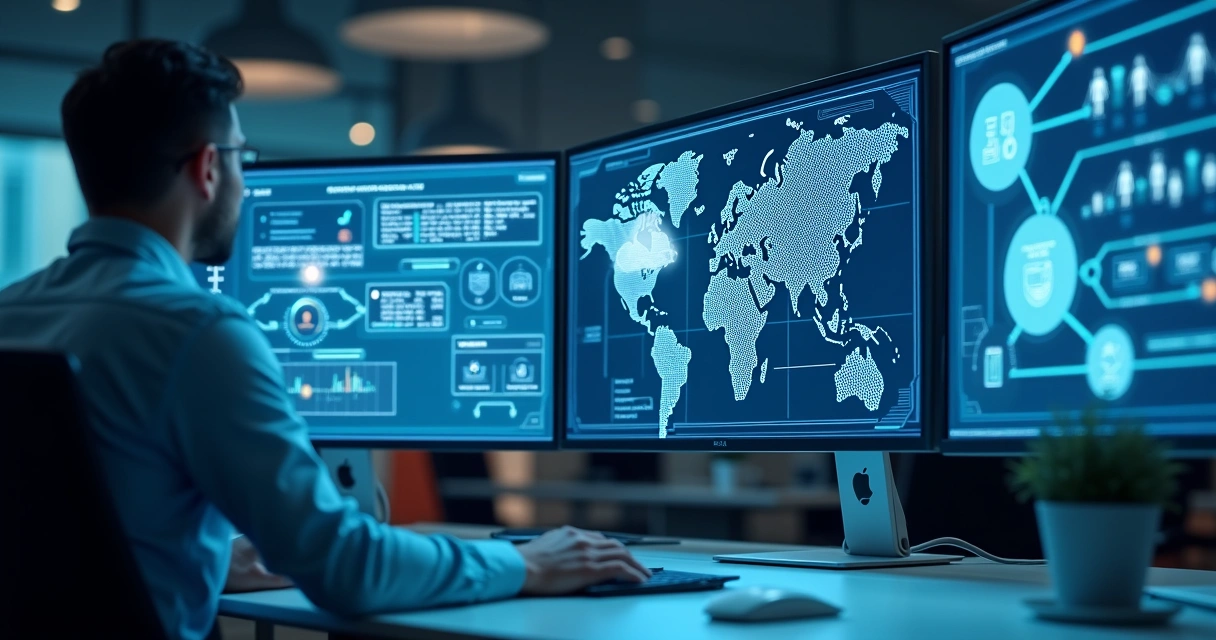 Sala moderna com diversas telas exibindo gráficos de dados, fluxos de automação e integração de sistemas usando inteligência artificial 