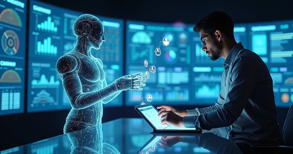 Robo transparente colaborando com profissional em painel de marketing digital 