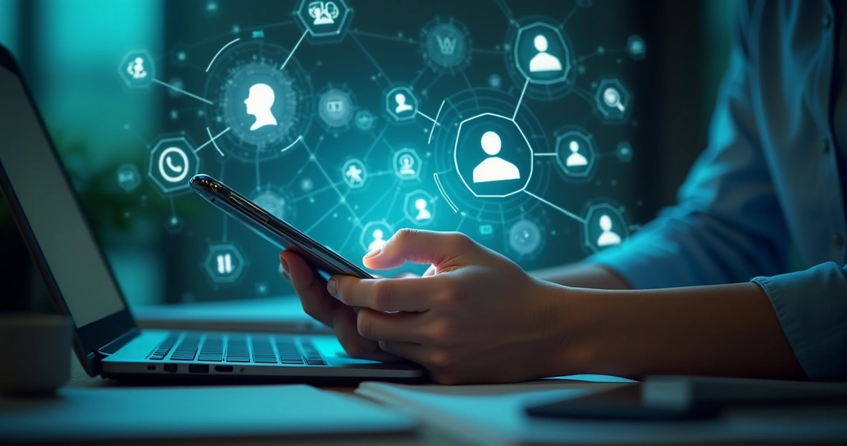 Equipe empresarial utilizando automação com inteligência artificial integrada em WhatsApp, Instagram e CRM no computador e smartphones 