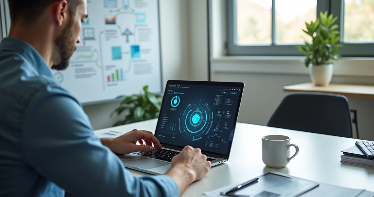 Pessoa usando computador e smartphone com gráficos de IA e automação na tela 