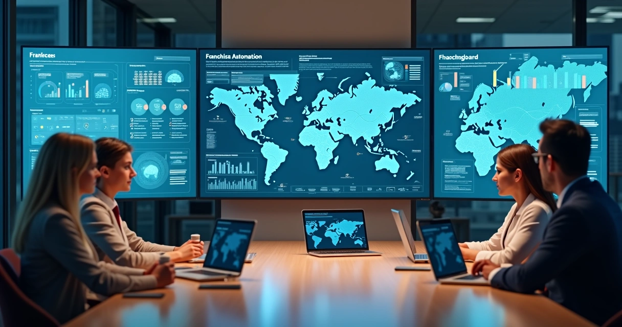 Equipe de gestão de franquias acompanhando painel de automação com indicadores em telas grandes 