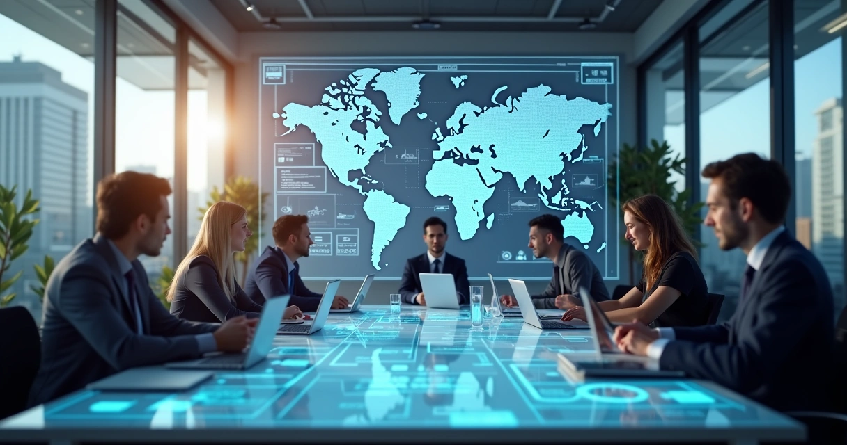 Empresa com equipe analisando fluxogramas de processos e sistemas integrados em múltiplas telas 