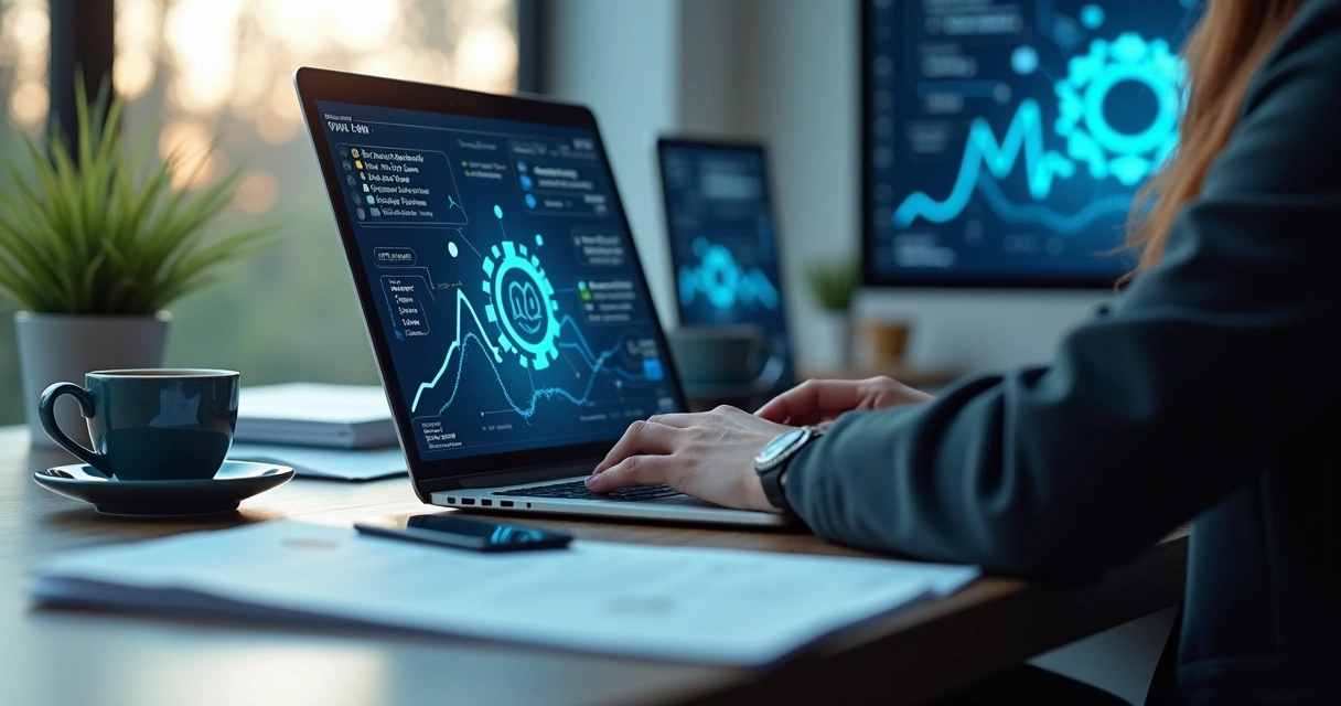 Pessoa trabalhando em escritório moderno com computador exibindo gráficos de automação e ícones de inteligência artificial no monitor 