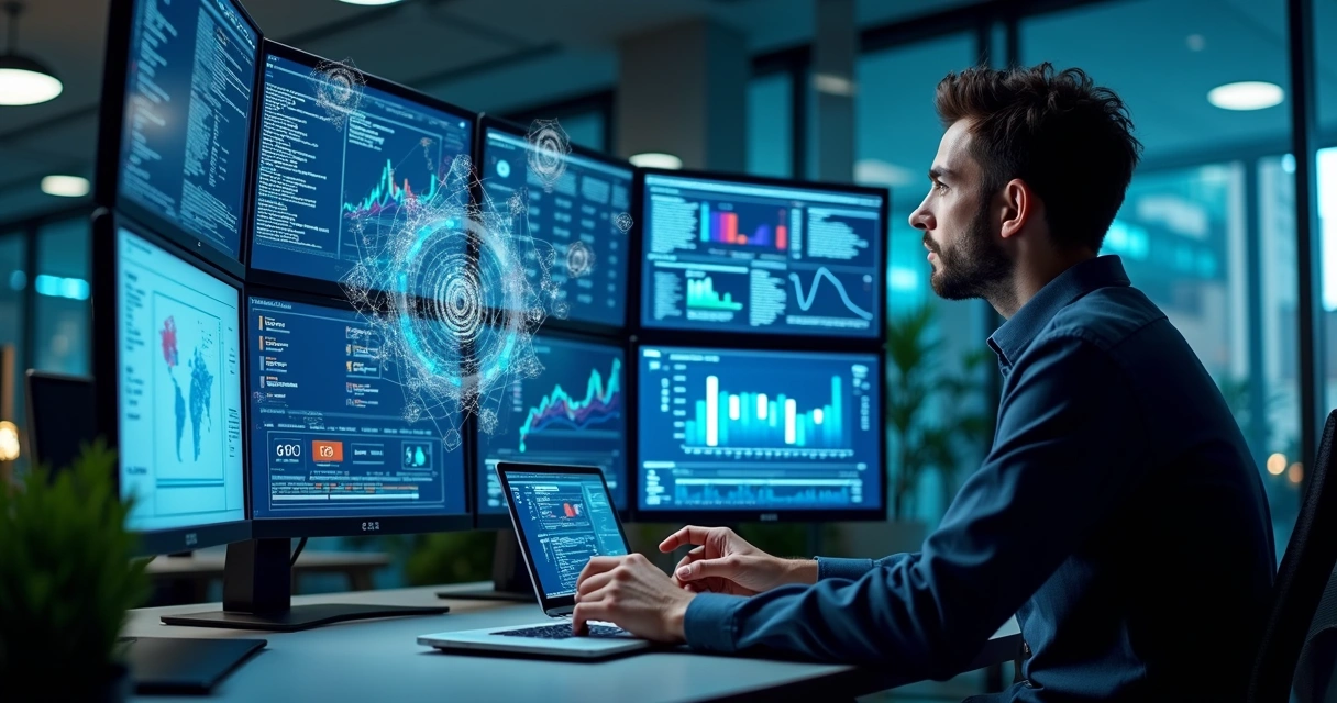 Profissional trabalhando com múltiplas telas mostrando gráficos, fluxos de automação e robôs digitais em ambiente corporativo moderno 