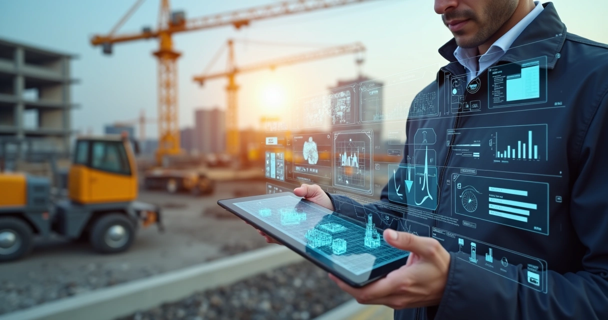 Engenheiro utilizando tablet para monitorar processos automatizados com inteligência artificial em obra moderna 