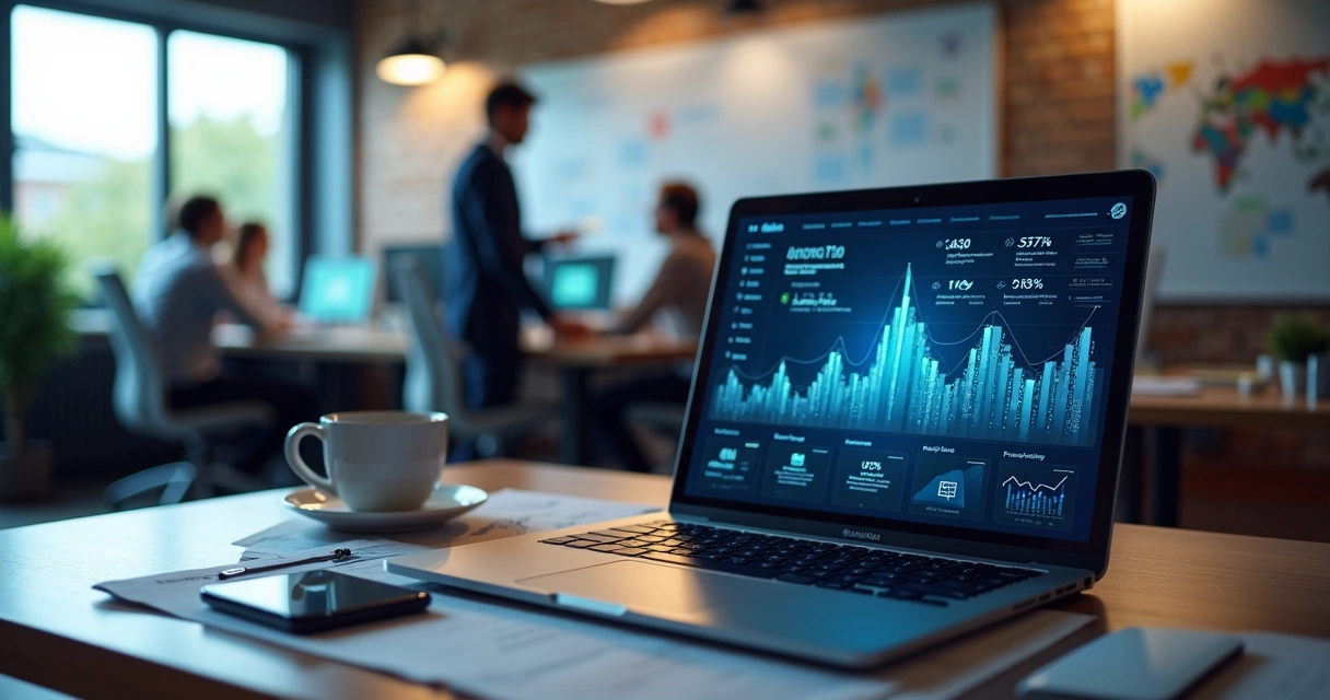 Computador em mesa de escritório mostrando dashboard de automação e gráficos de produtividade empresarial 