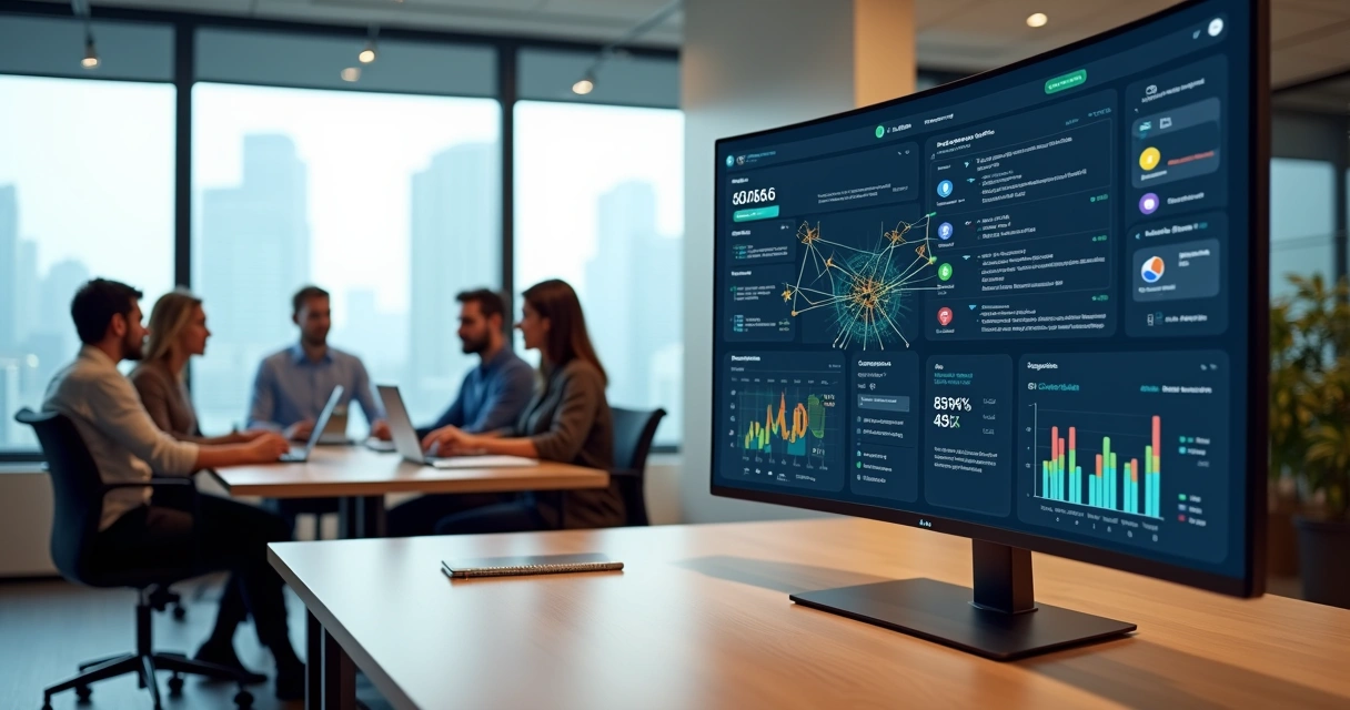 Painel com fluxos automatizados de IA ao lado de equipe colaborando em escritório moderno 
