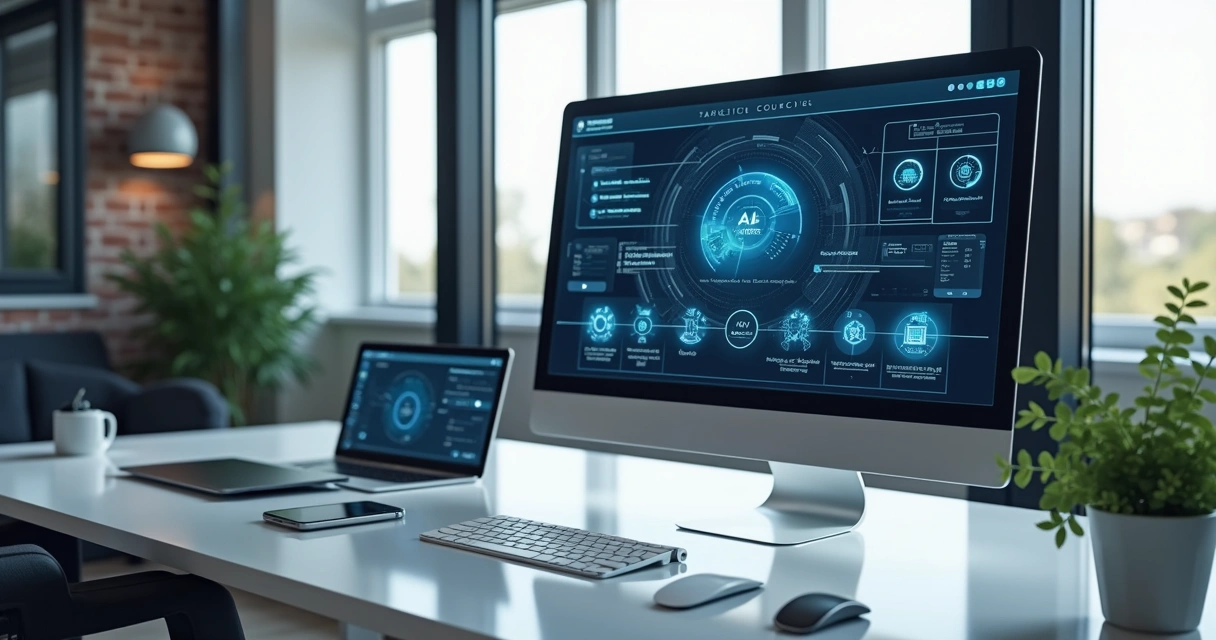Mesa de escritório moderno com tela de computador mostrando automação por IA em tarefas administrativas 