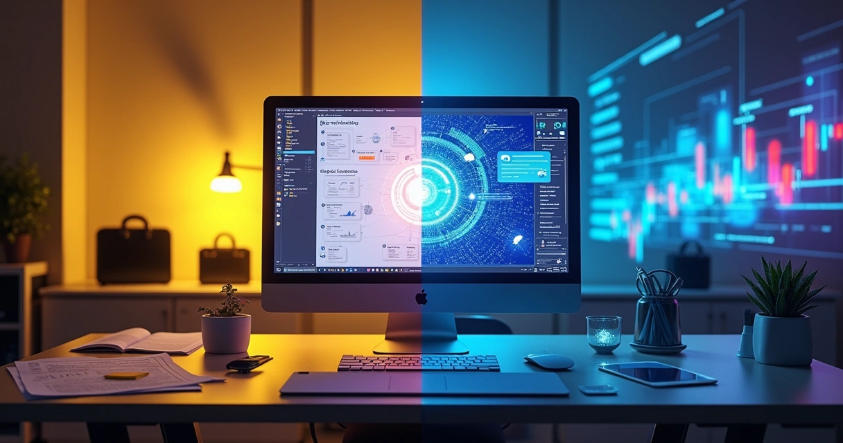Comparação visual entre automação tradicional com regras fixas e automação baseada em IA generativa com telas digitais modernas 