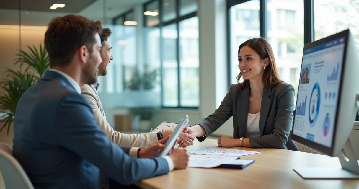 Corretora de imóveis cumprimentando cliente enquanto assiste IA em tela de computador 