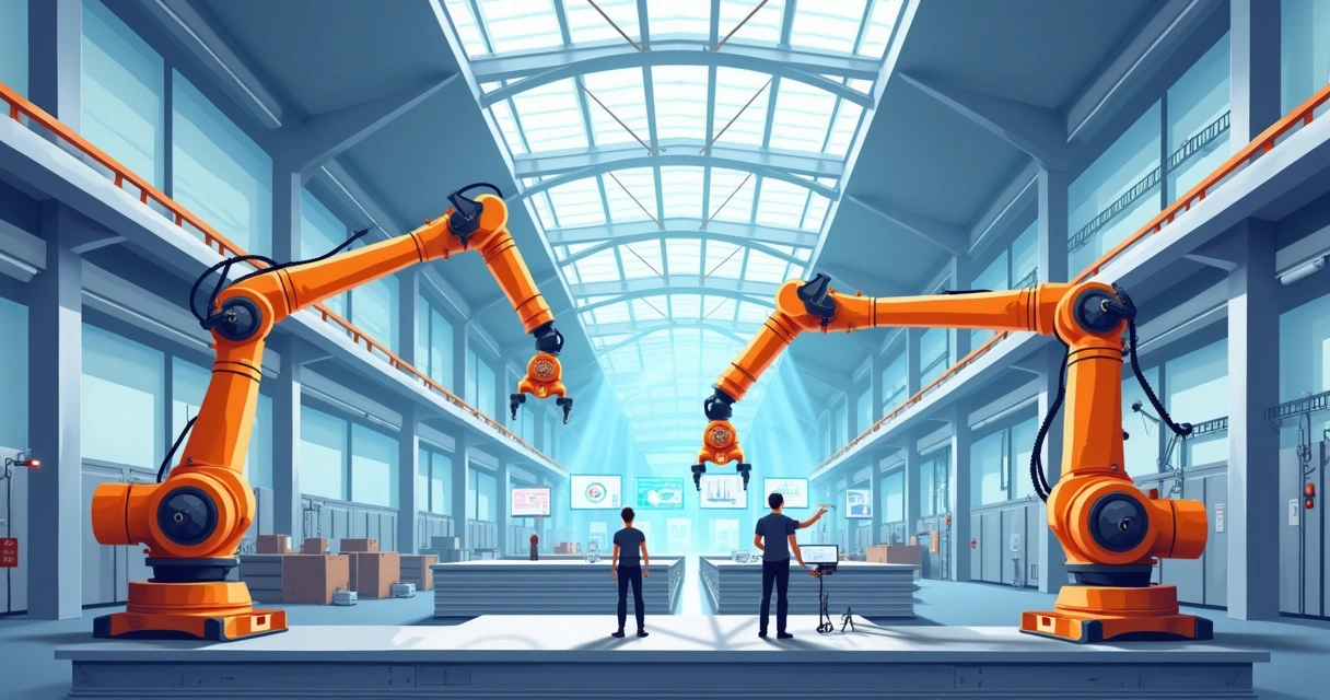 Robôs trabalhando em estrutura metálica instalada 