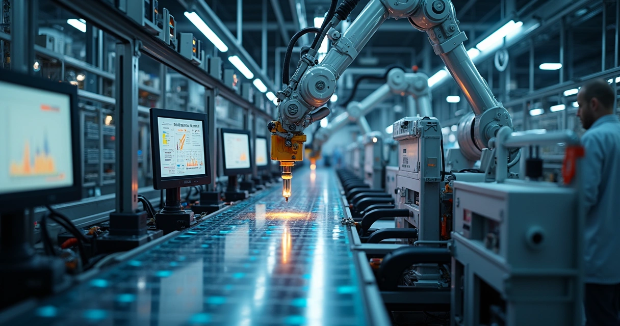 Linha de produção automatizada em fábrica com painéis digitais e braços robóticos 