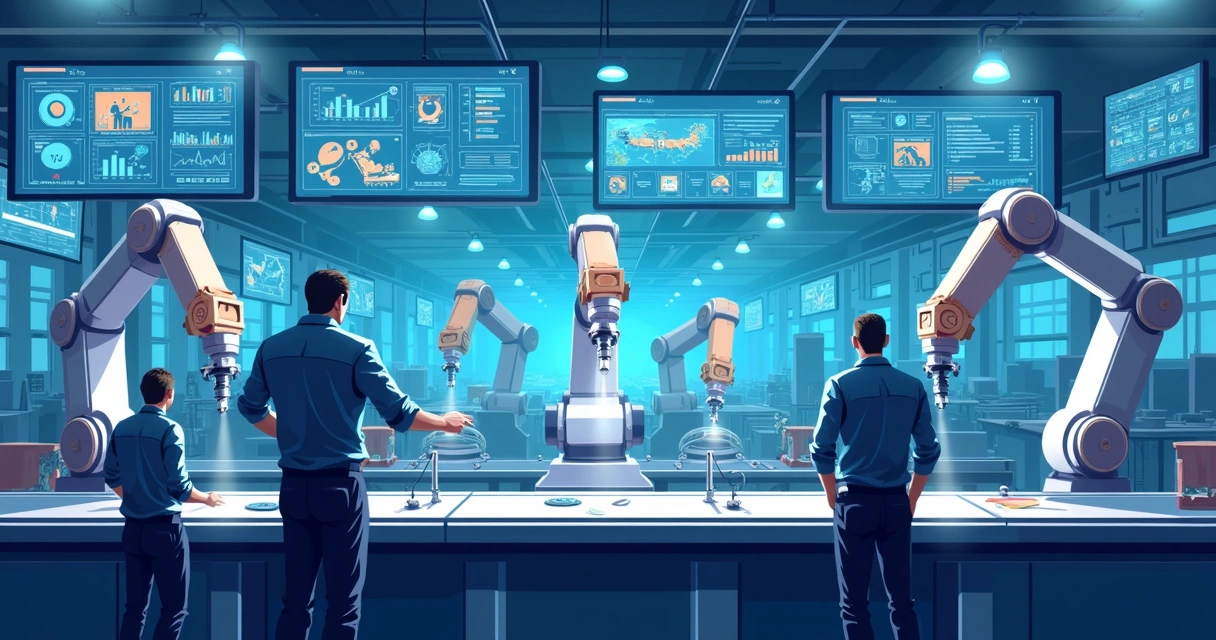 Linha de produção automatizada com braços robóticos e telas de IA 
