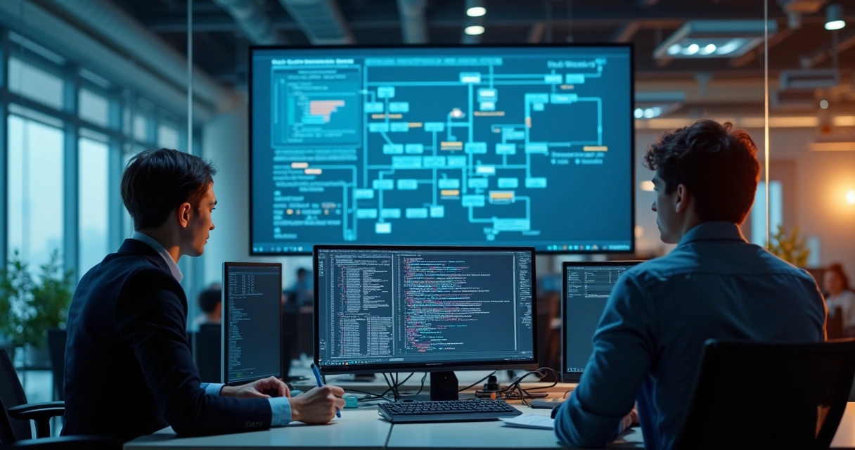 Robô virtual executando tarefas em computador ao lado de colaboradores humanos 