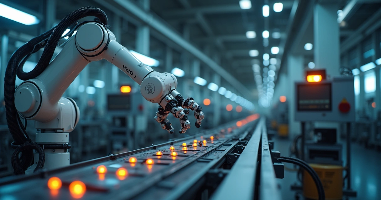 Robô industrial com sensores de segurança em fábrica automatizada 