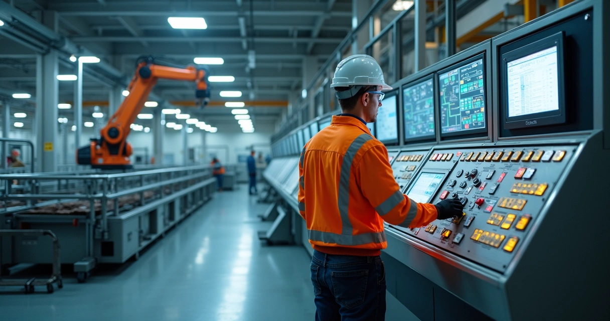 Ambiente industrial com técnico analisando painel de automação 