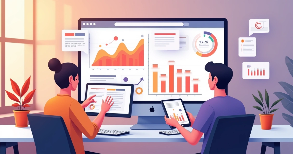 Dashboard com gráficos de engajamento do Instagram exibidos em tela grande com ícones de chat, em ambiente de escritório 