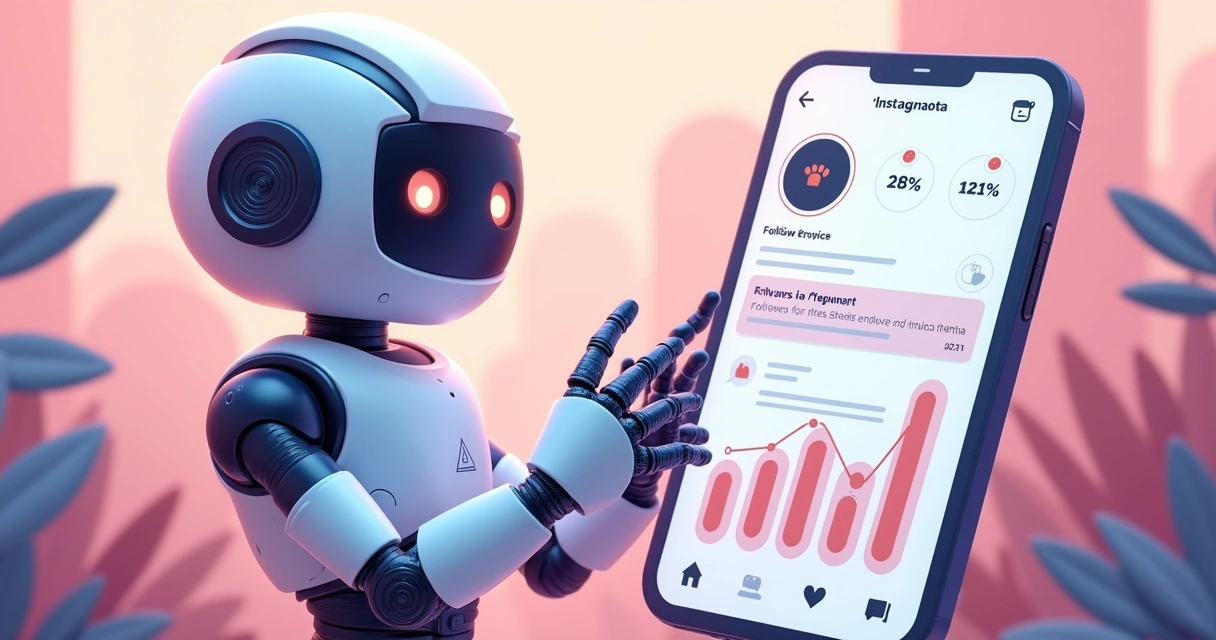 Robô ilustrativo tocando tela de celular com gráficos de crescimento do Instagram 