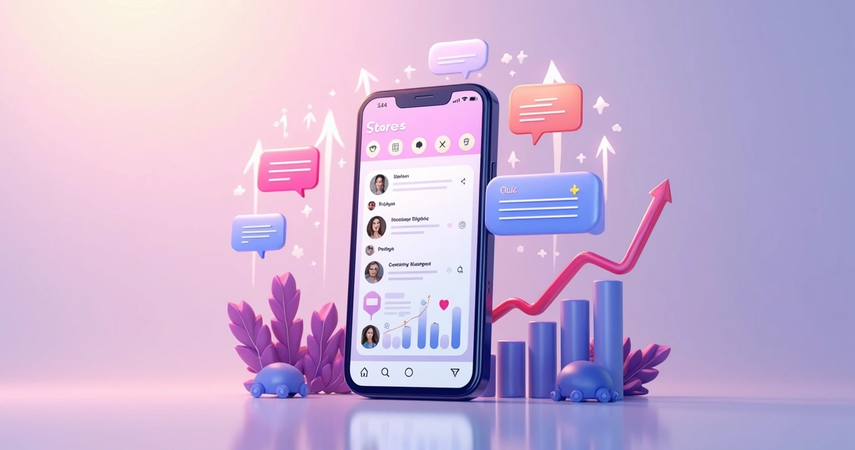 Ilustração de celular mostrando gráficos de engajamento e interações automáticas em stories 
