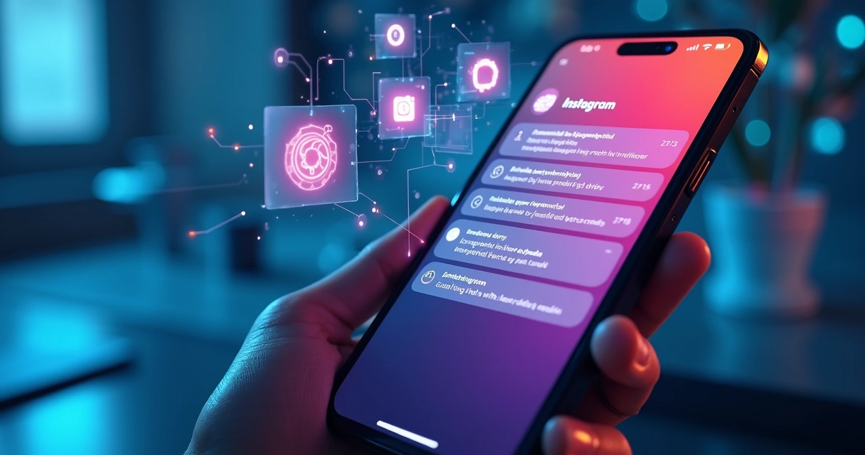 Tela de smartphone mostrando notificações e erros em automação do Instagram com elementos digitais ao redor 