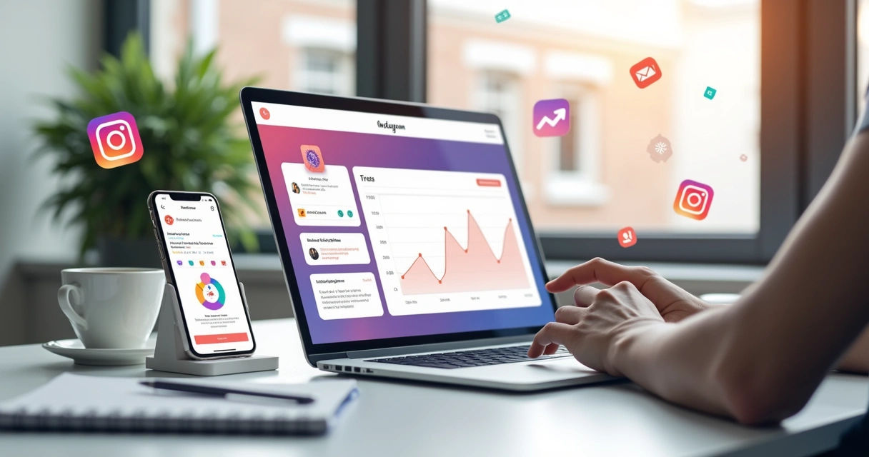Empresária usando automação no Instagram em vários dispositivos na mesa de trabalho 