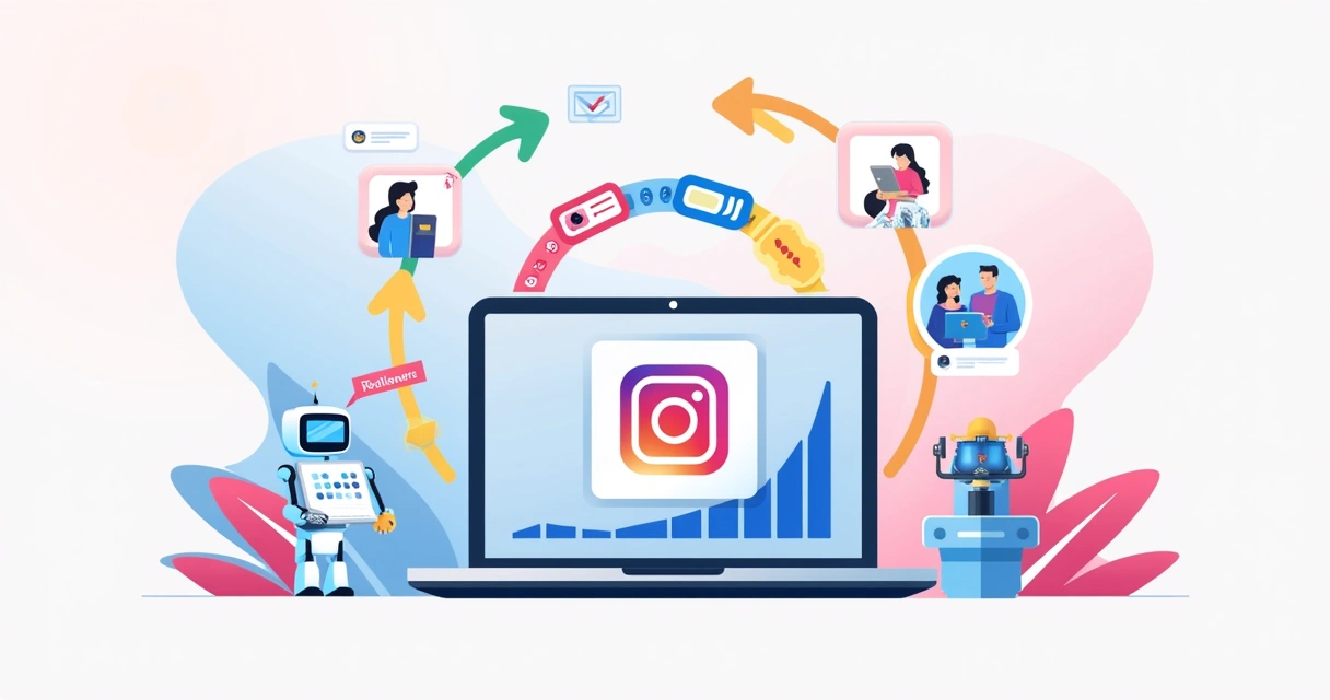 Ilustração de um ambiente digital mostrando automação no Instagram com laptop, robô e gráficos de seguidores.