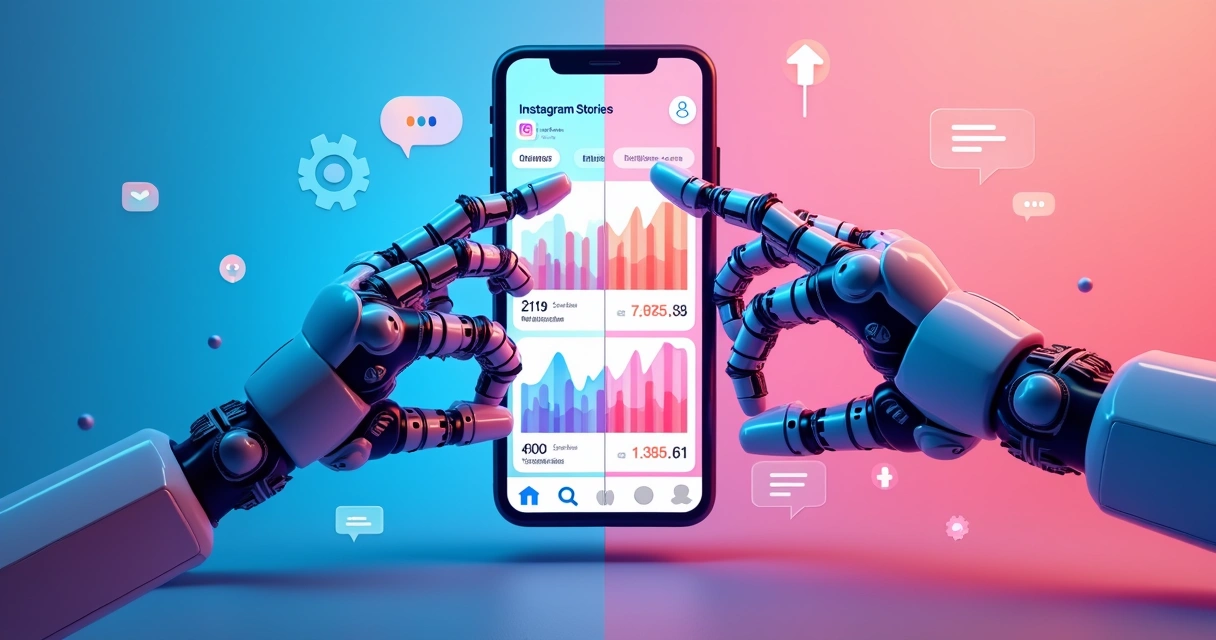 Gráfico de crescimento de visualizações nos Stories do Instagram ao lado de ícones de automação 