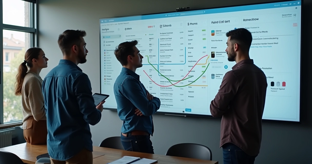 Equipe analisando interface de integração entre canais em uma tela grande 