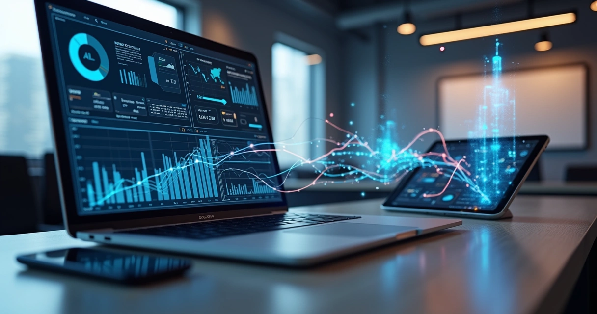 Mesa de trabalho com múltiplos dispositivos conectados mostrando fluxos de dados e automação empresarial digitalizada 