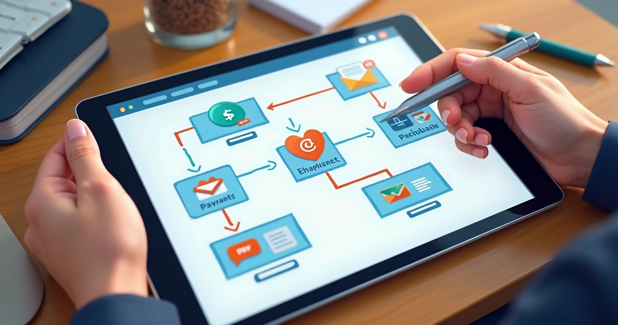 Fluxograma digital com gateways de pagamento e e-mail marketing integrados 