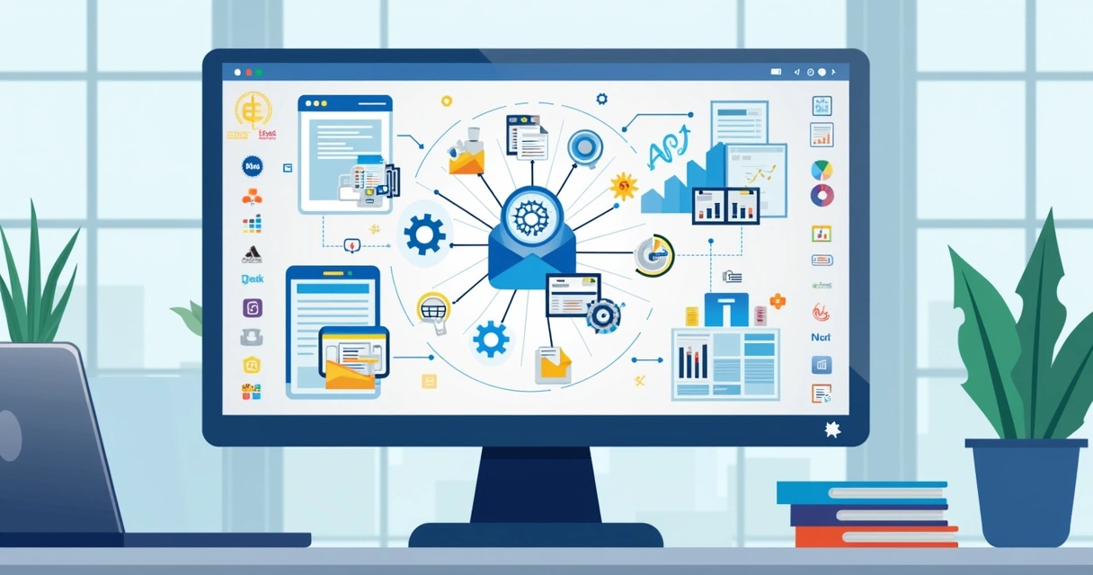Ilustração de automação financeira conectando software ERP 