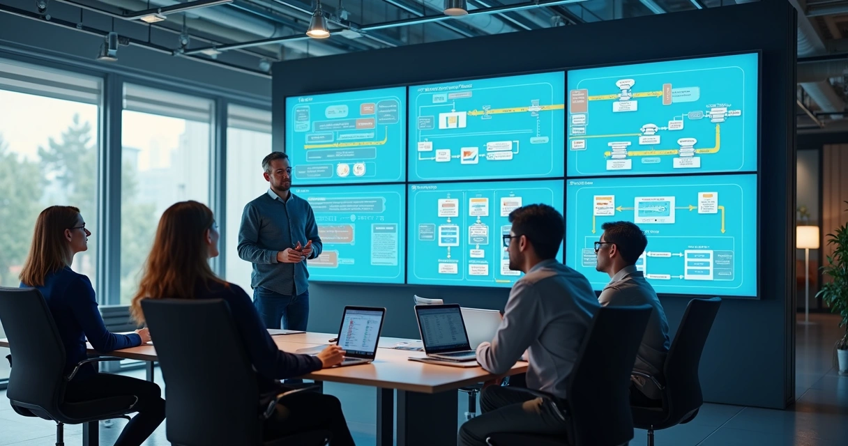 Equipe analisando automações em ERP com painéis digitais 