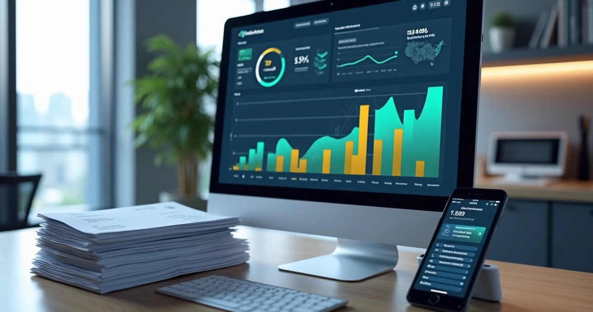 Tela de software financeiro exibindo gráficos e notas fiscais eletrônicas