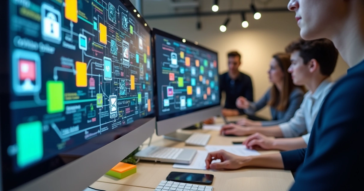 Tela de computador mostrando múltiplas integrações de automações low-code 