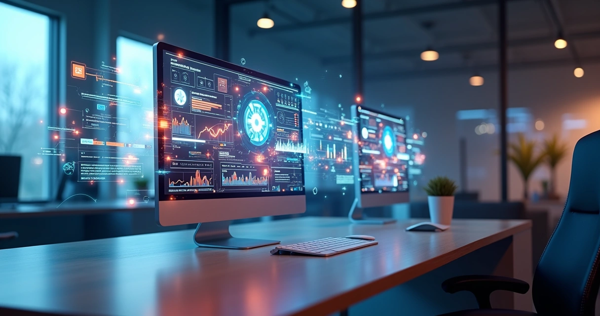 Vista de telas digitais mostrando gráficos e dados integrados com ícones de automação e inteligência artificial 