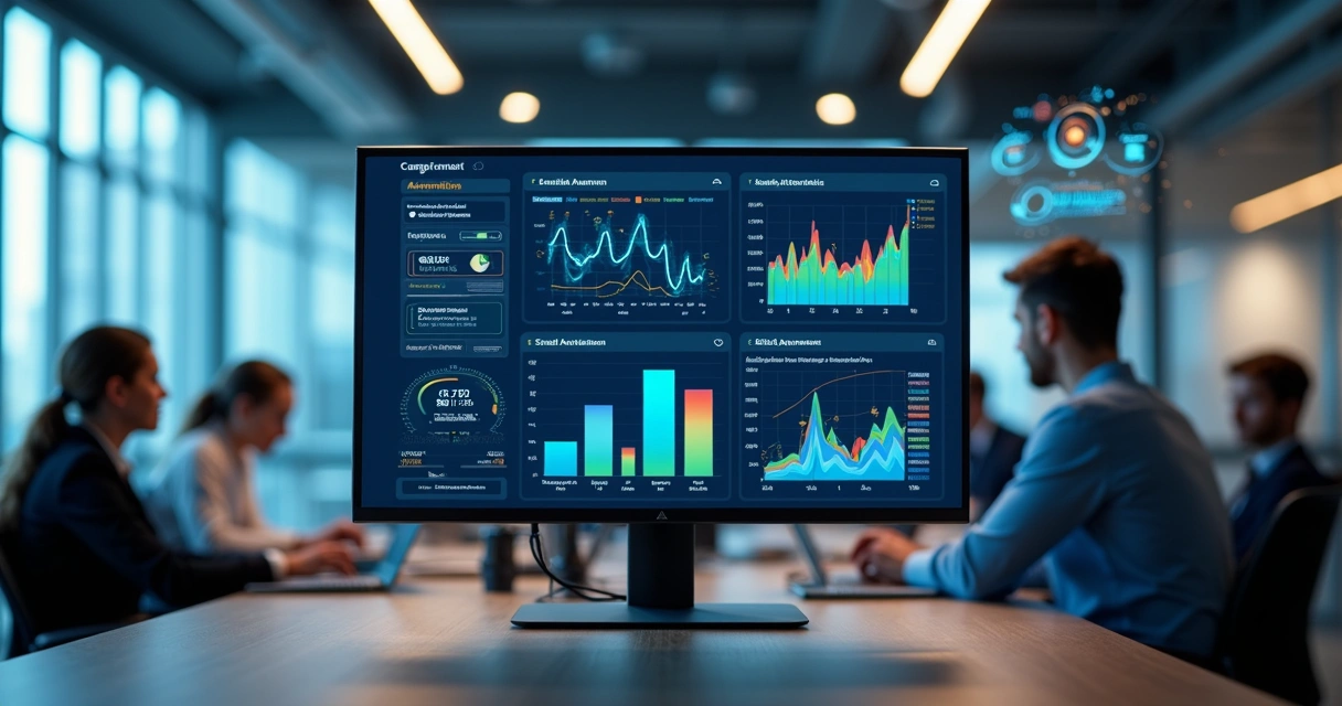 Monitor mostrando dashboard com gráficos e dados de automação por inteligência artificial em ambiente corporativo moderno 